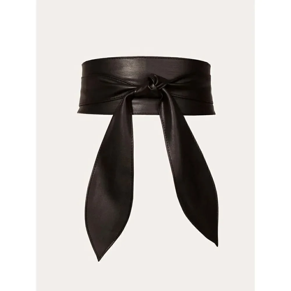 Black Knot Decor Wide Wrap Around Obi Corset Black Belt SIZE L-XL NEW